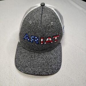 Ariat Trucker Hat Cap Snap Back Grey White American Flag Logo Snapback Mesh Cap